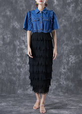 Vestido de fiesta de dos piezas con cintura elástica y volantes en azul denim fino